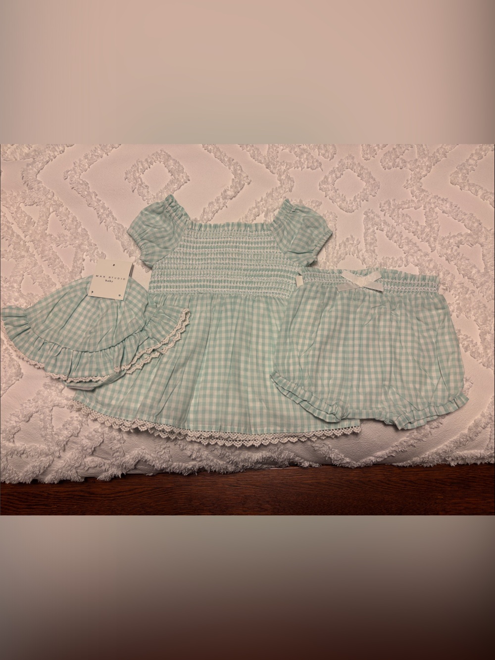 Smocked Gingham Baby Dress & Bloomers - Light Mint with Matching Hat